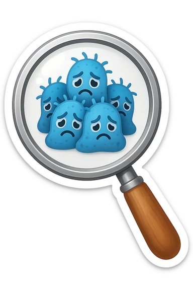 EMOJI STILE IPHONE DI una lente di ingrandimento che inquadra un cumulo di batteri intestinali tristi, IPERREALISTICO 4K sticker