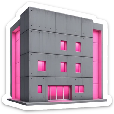Minimalist Russian-style gray concrete panel building with one window glowing bright pink from grow lights inside, simple rectangular structure with brutalist architecture sticker