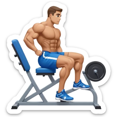 side-view bodybuilder in blue shorts seated weighted calf-raise machine on his tip toes sticker