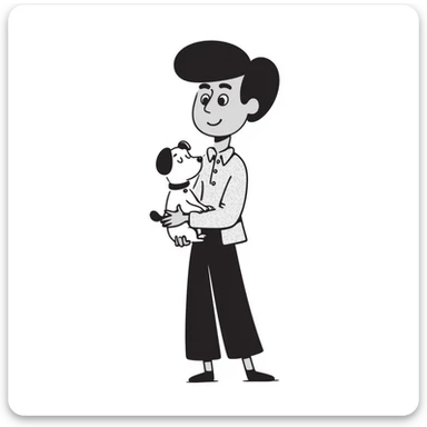 Mexican man with black hair and brown eyes wearing a shirt and black pants, holding a small white dog with one brown ear sticker