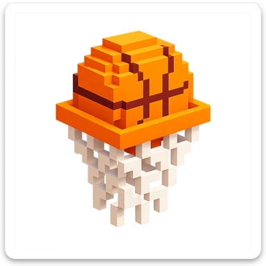 A voxel-style basketball in a net, monochromatic and sleek sticker