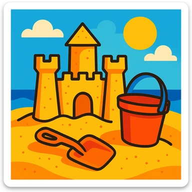 sandcastle with a bucket and shovel, whimsical and summery style sticker