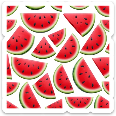 Cinematic juicy watermelon, thick slices revealing vibrant red interior, glossy and glistening with tiny black seeds, fresh and refreshing, soft glowing background, summer vibes. sticker