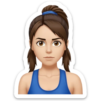 Melanie C with hazel eyes, dark brown long ponytail hair, blue tank top sticker