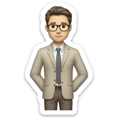 Full height Gesticulating Pale skinned fit man with dark brown hair in gray jacket, beige office shirt, brown tie, brown pants and vintage glasses. sticker