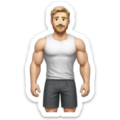Full height Pale skinned muscular man With Realistic eyes and mouth, light brown hair and stubble In dark gray sleeveless mike, black oversize sports shorts, watch and white sneakers. sticker