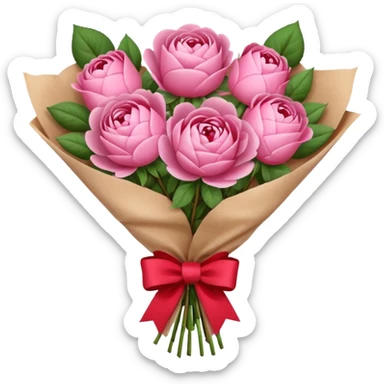 Bouquet of pink flower like rose and peony wrapped in kraft paper with red bow sticker