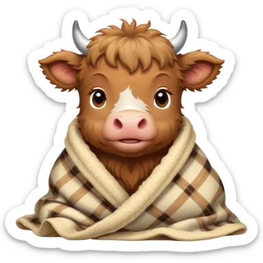 brown fluffy baby scottish cow cozy in a blanket sticker