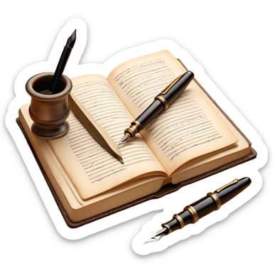 Create a vibrant emoji representing prose writing. The design should feature an open book with pages showing unfinished prose, a classic fountain pen or quill with black or dark blue ink, and a antique ink pot next to it. The pages should have visible lines of text, but some should remain unfinished, symbolizing the creative process. Use warm, earthy tones like brown, gold, and cream for the book and background, with the ink and pen in black or dark blue. The emoji should convey the idea of storytelling, creativity, and the unfinished nature of literary work. Make the background transparent. sticker