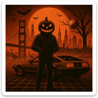 Add a disco ball hanging from the tree and small dinosaurs in the water.  make the cityscape of San Francisco including Coit Tower, TransAmerican Building.  sticker