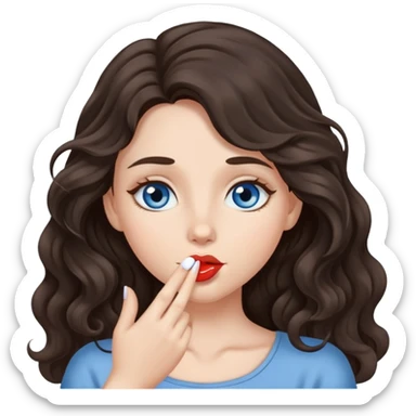 A girl with long, dark brown, wavy hair, grey-blue eyes, Sends a kiss sticker