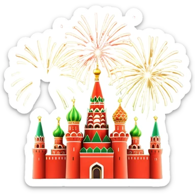 Apple style 3D emoji of New Year fireworks over Moscow. Vibrant multi-colored sparkling bursts (red, gold, green) in the sky. Below, a simplified glossy 3D silhouette of the Kremlin towers with glowing red stars. 
 sticker
