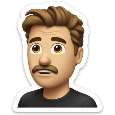  really really annoyed bored look Brown haired guy with a mustache eyes looking up bored look blowing air out of his mouth black T-shirt in his late 30s  brown mustache and hair is in a ponytail sticker