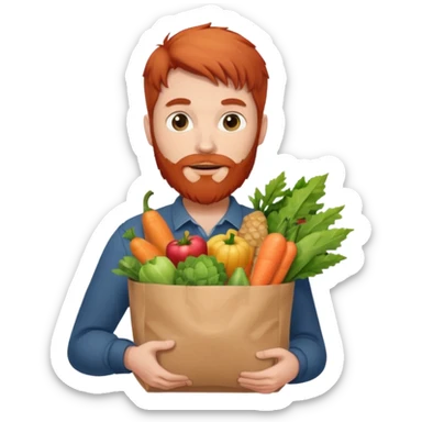 red bearded male holding a grocery bag sticker
