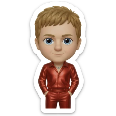 Elton John with golden brown hair, red metallic shirt, red metallic faux suit pants, silver necklace sticker