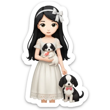 Pastel anime lady long hair with long lace dress full body holding puppy sticker