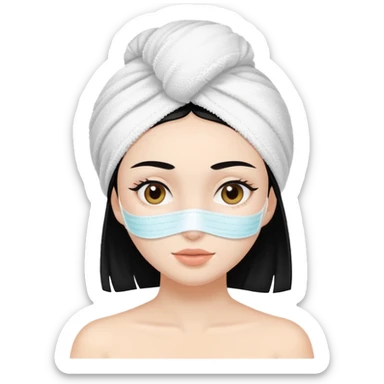 Girl black hair white skin with towel in head and skincare mask sticker