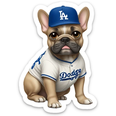 Tan french bulldog wearing a dodger jersey  sticker