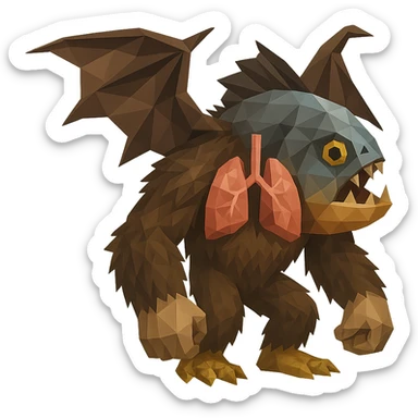 piranha with dragon wings, scaled feet, thick fur, strong arms, anatomical lungs, polygonal style sticker