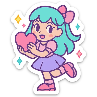 girly girl in pastel colors holding a heart, sparkles, playful pose, vibrant toon style sticker