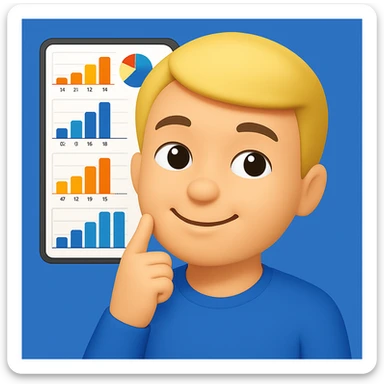 Person thinking with graphs in the background, apple emoji style, smiling with a closed mouth (no teeth), with a blue background. The style should resemble apple emojis with concise details. sticker