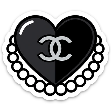 glossy black heart with a string of pearls around it, featuring a silver Chanel logo in the center, elegant, black and white color scheme, color outline icon style sticker