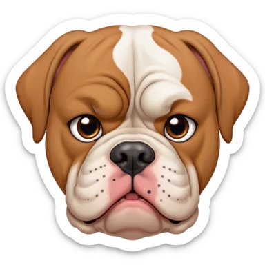 Cinematic Meme-Worthy Grumpy Solid Tan American Bulldog Portrait Emoji, Head held high but eyes filled with dramatic disappointment, smooth tan fur with a furrowed brow forming an unmistakable scowl, floppy ears slightly angled back in disapproval, piercing brown eyes glaring with pure exasperation, Simplified yet hilariously over-exaggerated features, highly detailed, glowing with an aura of supreme annoyance, high shine, exhausted yet judgmental, stylized with an almost regal pettiness, bright but brooding, soft glowing outline, capturing the essence of a pup that has seen it all and is thoroughly unimpressed, so meme-worthy it feels like it could instantly become the next viral sensation of grumpiness! sticker