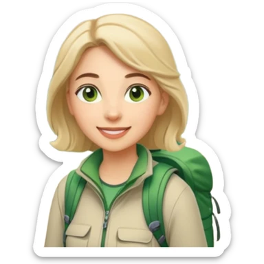 woman hiking in the woods in the sunshine. light face and green eyes. sticker
