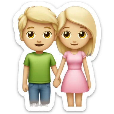 A couple, a cute girl with blonde hair and green eyes holding hands with a cute boy with brown spiky hair and a pink heart in between them sticker