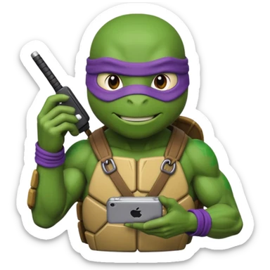 Donatello from Teenage Mutant Ninja Turtles, emoji style, with a tech gadget in hand sticker