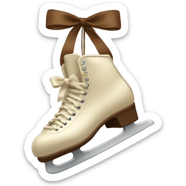 Cream color pair of ice skates hanging from a brown bow sticker
