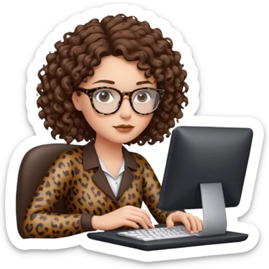 a white young woman with curly brown hair typing in a computer, she's using dark brown leopard glasses and clearly writing something sticker