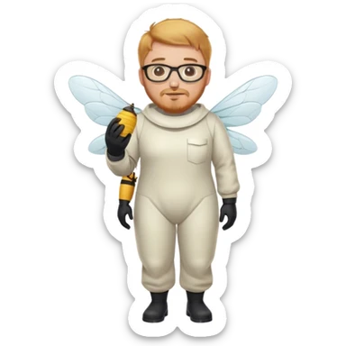 full body medium plus size bee keeper with  short light strawberry blonde hair and goatee wearing glasses  sticker