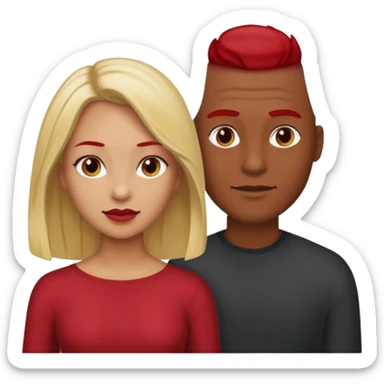 one male medium dark skin tone no hair and one woman light skin tone blonde highlights shoulder length hair and one woman light skin tone deep red long hair sticker