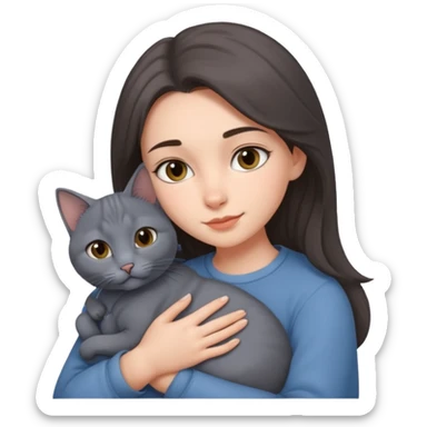 brunette girl snuggling gray russian blue cat sticker