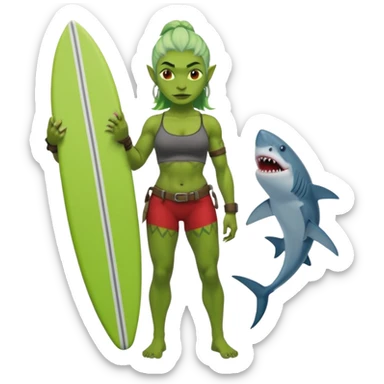 orc female holds a little surfboard with a shark painted vertically in his hands sticker