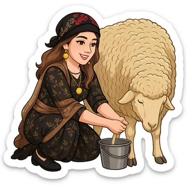 Create a Kurdish cartoon sticker of the same woman in a new Kurdish dress, milking a goat or sheep in the exact pose and hand position as shown in the reference photos. The style should be realistic and clear cartoon style with no text and a transparent background. sticker