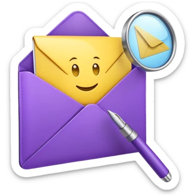 simple, minimalistic yellow (hex#FFD008) and purple (hex#8C52FF) emojis of a pin, a working case, a folder, a magnifier, an email, an envelope sticker
