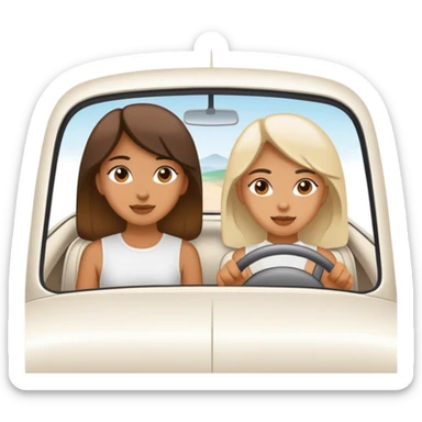 Two girls in a white car driving to a destination sticker