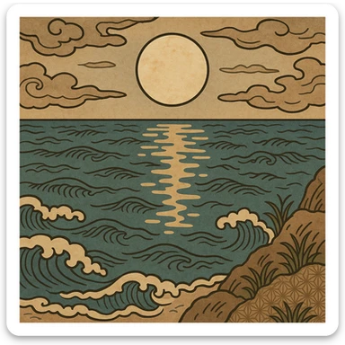 moon reflecting on the sea, style 6, ukiyo-e inspired cartoon illustration of moonlight on sea sticker