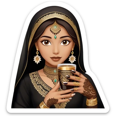 A delicate hand adorned with intricate floral henna designs holds a traitional glass of Arabic coffee. The deep brown henna contrasts beautifully with the rich embroidery of the black outfit, which features shimmering floral patterns. A gold ring and dark nail polish add elegance to the aesthetic. sticker