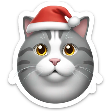 Grey fat cat with white accents wearing a Santa hat sticker
