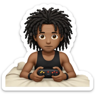 my black boyfriend in his bed with a black singlet on playing video games black curly dreadlocks  sticker