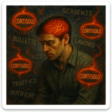 semi-realistic, symbolic surrealism; man in his thirties with tired eyes, tense muscles, curved posture, floating symbols 'Cortisolo' in Italian with orange-red aura; chaotic background with Italian words: 'bollette', 'scadenze', 'lavoro', 'traffico', 'notifiche'; visible brain with red-orange neural activity, moody lighting, stressed expression sticker