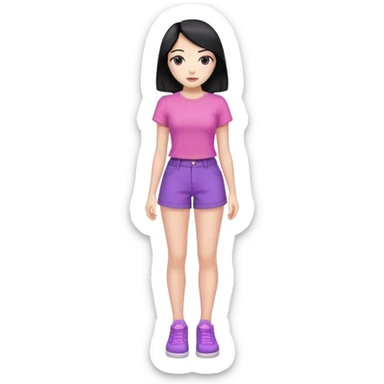 female, slim hourglass shaped body, black hair, pink t-shirt, purple wide leg shorts, black shoes, full body sticker
