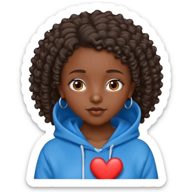 dark skin girl short curly dark brown hair blue hoodie heart and Jesus sticker