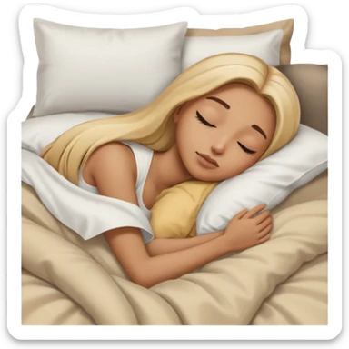 Mujer color de piel moreno claro, con cabello rubio largo, lacio y suelto, ojos negros, durmiendo con sábanas blancas, edredones beige, tomado desde un lado de la cama sticker