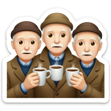 Three old men shivering in the cold drinking coffees  sticker