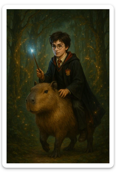 Harry Potter riding a capybara, fantasy illustration, detailed, enchanting atmosphere sticker