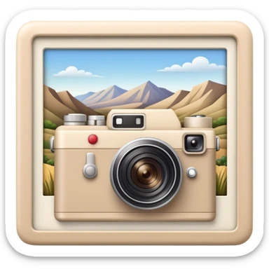 A beige camera and next to it a landscape photograph of the frame behind the camera sticker